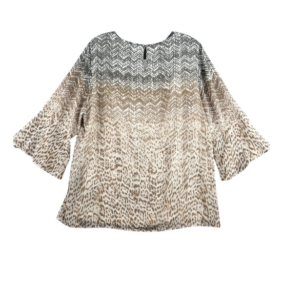 Calvin Klein Animal Print Bell Sleeve Womens Size Large Brown White Tunic Top - Picture 2 of 5